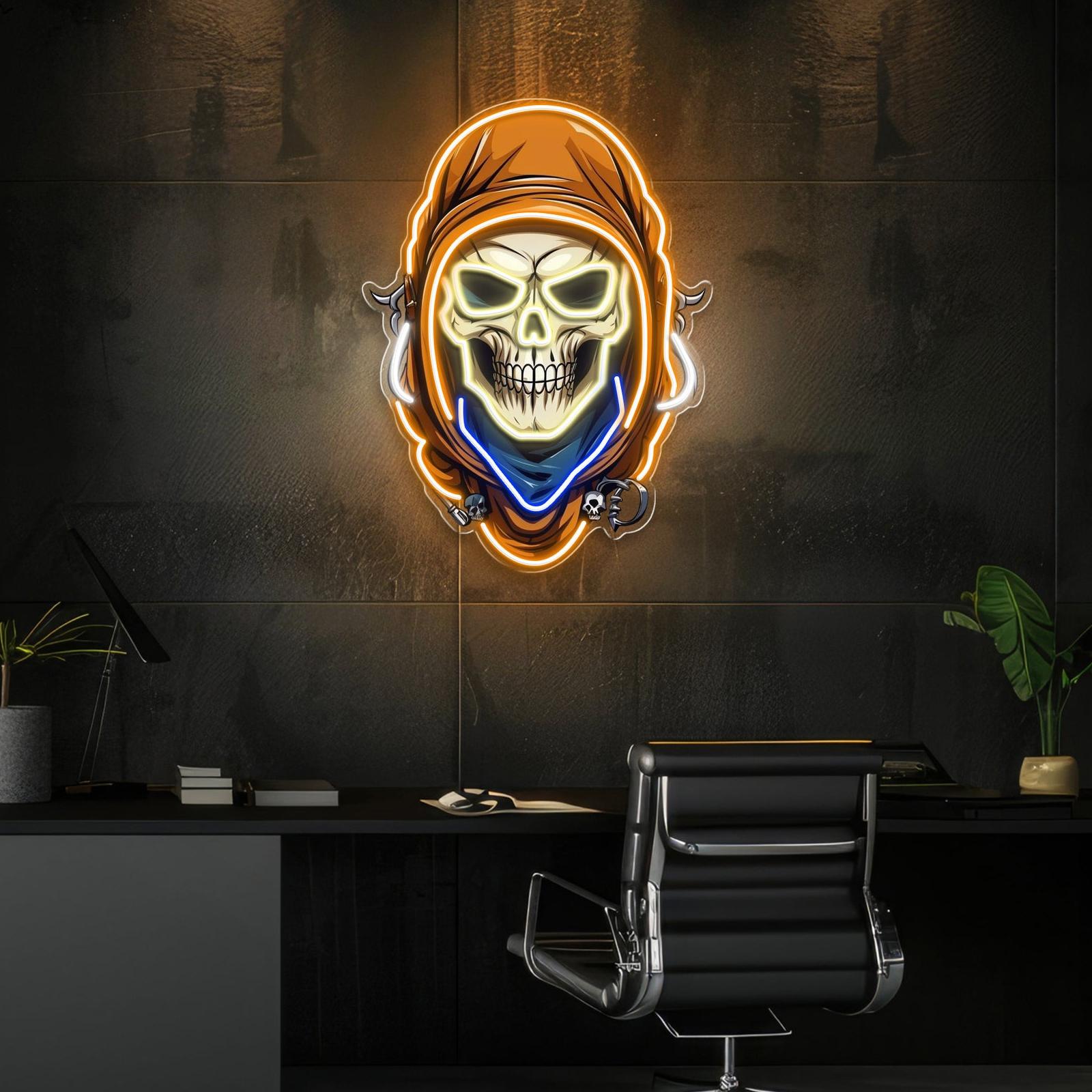 Mysteriöse Totenkopf Leuchtreklame mit Umhanglicht Kunstwerk