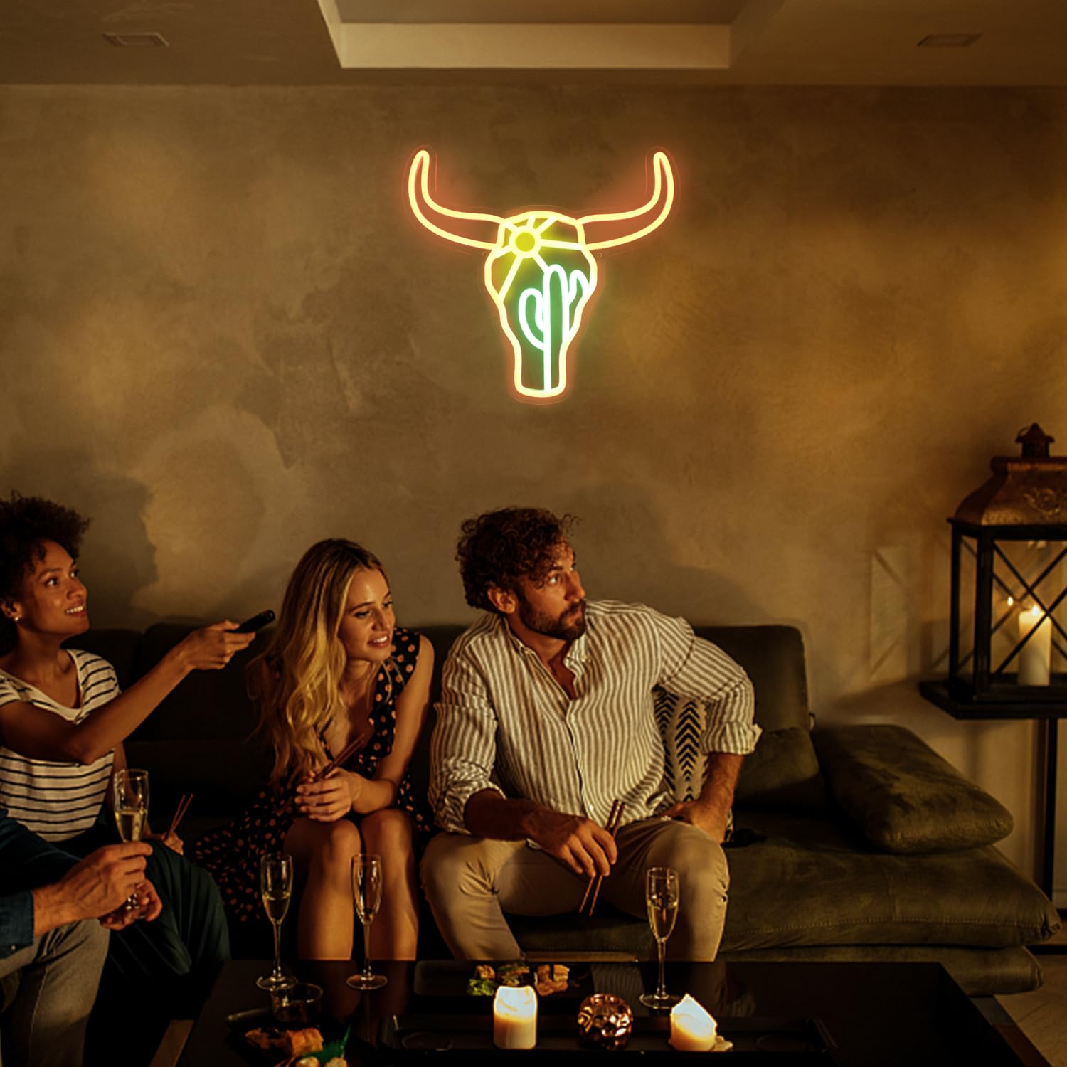 Neonlampe Stier & Kaktus Sonne – Coole LED-Leuchtreklame für moderne Deko