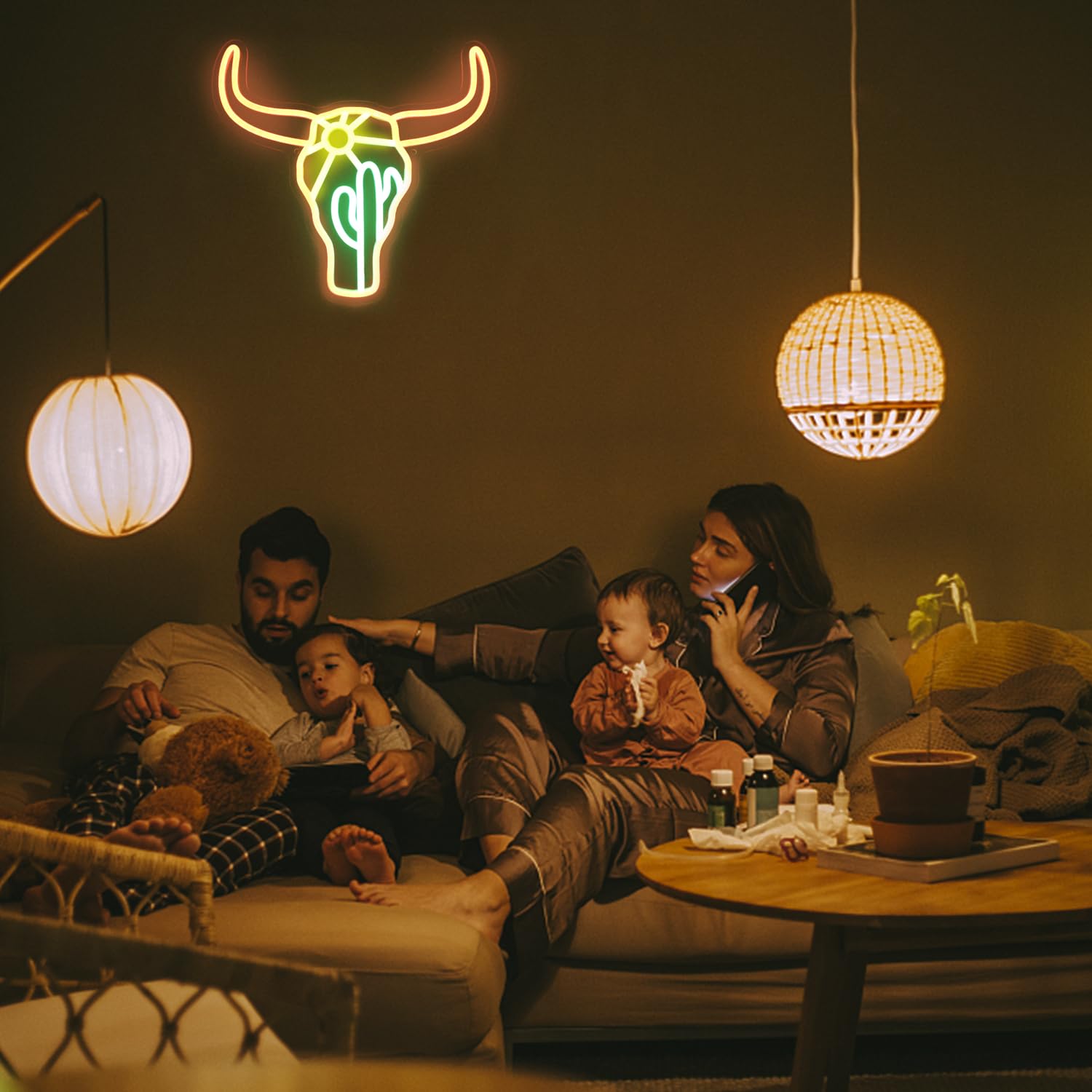Neonlampe Stier & Kaktus Sonne – Coole LED-Leuchtreklame für moderne Deko