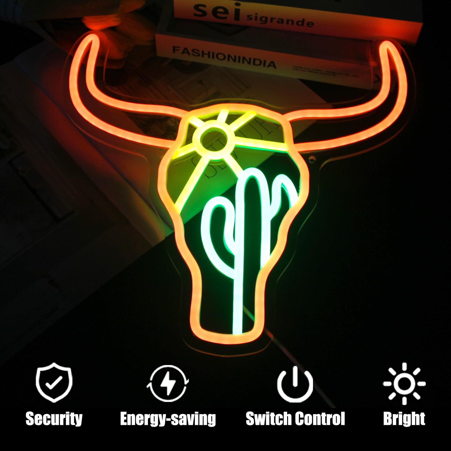 Neonlampe Stier & Kaktus Sonne – Coole LED-Leuchtreklame für moderne Deko
