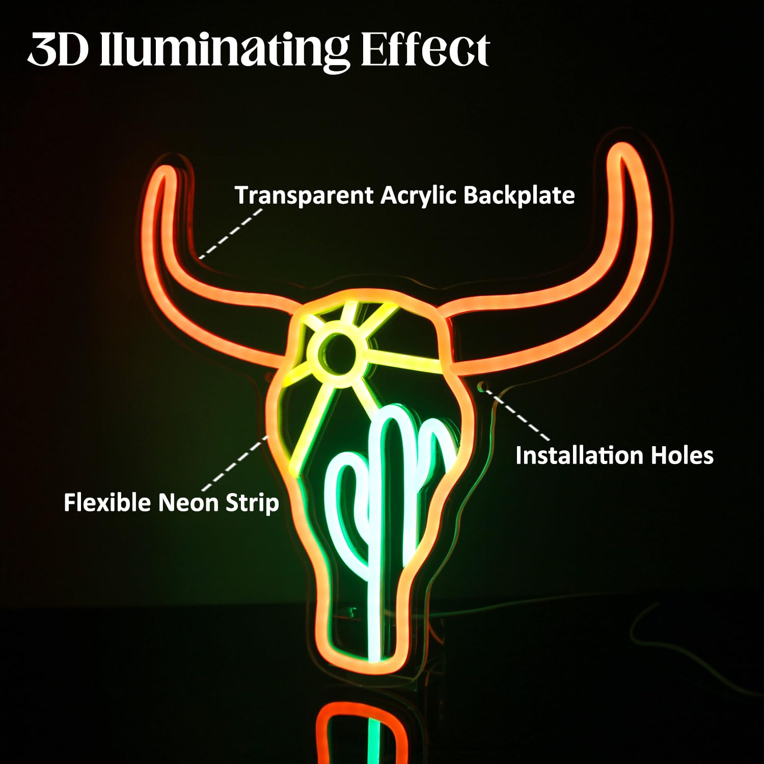 Neonlampe Stier & Kaktus Sonne – Coole LED-Leuchtreklame für moderne Deko