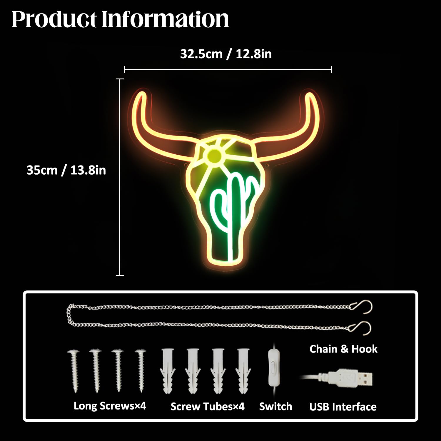 Neonlampe Stier & Kaktus Sonne – Coole LED-Leuchtreklame für moderne Deko