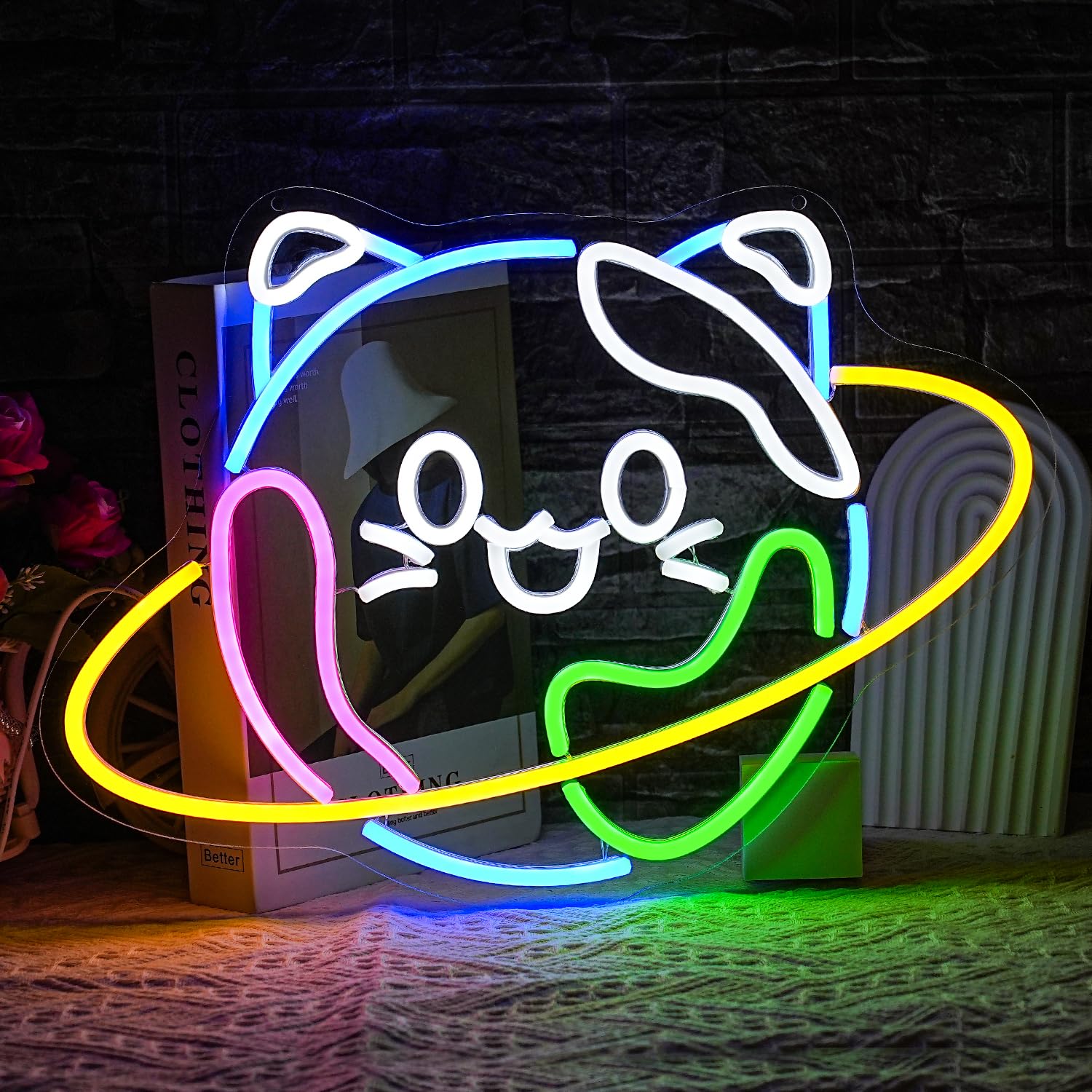 Niedliche Neondekorationsschilder mit Erde und Katze