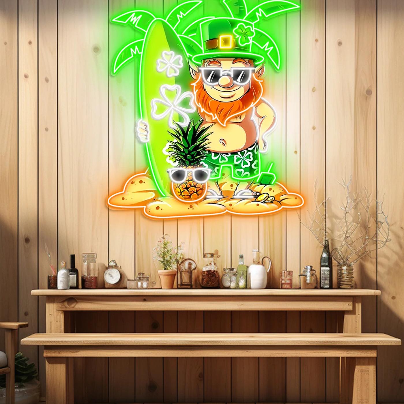 Patrick's Day Kobold mit Surfbrett und Ananas: LED-Neon-Acryl-Kunstwerk