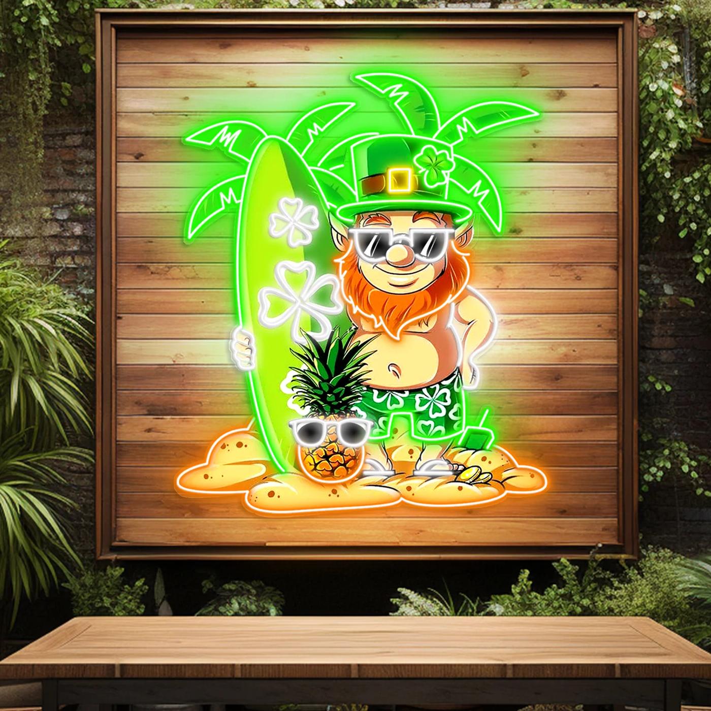 Patrick's Day Kobold mit Surfbrett und Ananas: LED-Neon-Acryl-Kunstwerk
