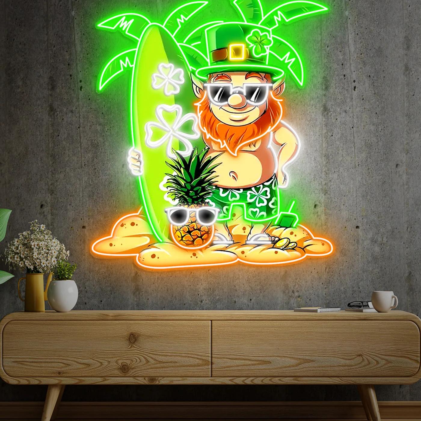 Patrick's Day Kobold mit Surfbrett und Ananas: LED-Neon-Acryl-Kunstwerk