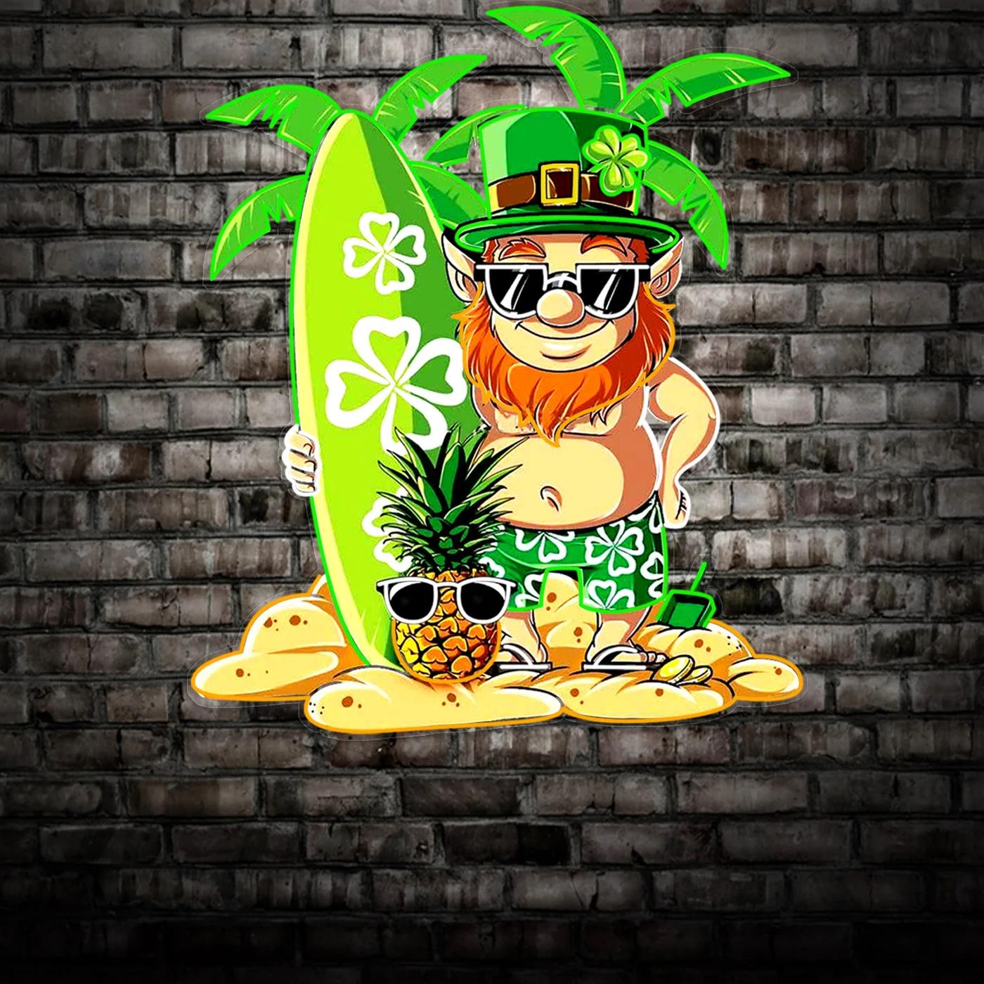 Patrick's Day Kobold mit Surfbrett und Ananas: LED-Neon-Acryl-Kunstwerk