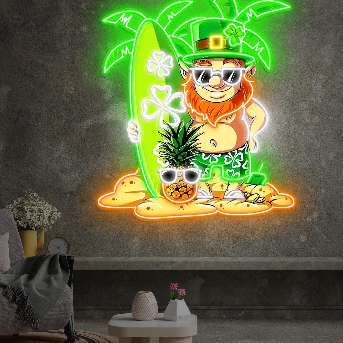 Patrick's Day Kobold mit Surfbrett und Ananas: LED-Neon-Acryl-Kunstwerk