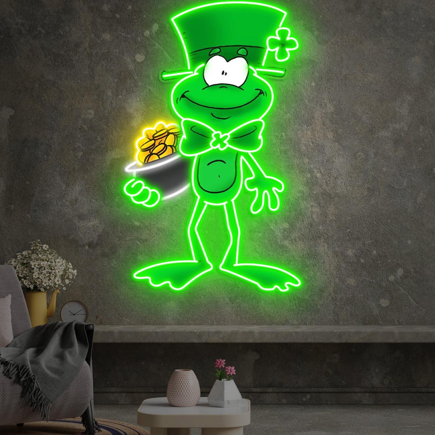 Patrick's Day hält Geld in der Hand und trägt einen Hut mit Neon-Acryl-Kunstwerk