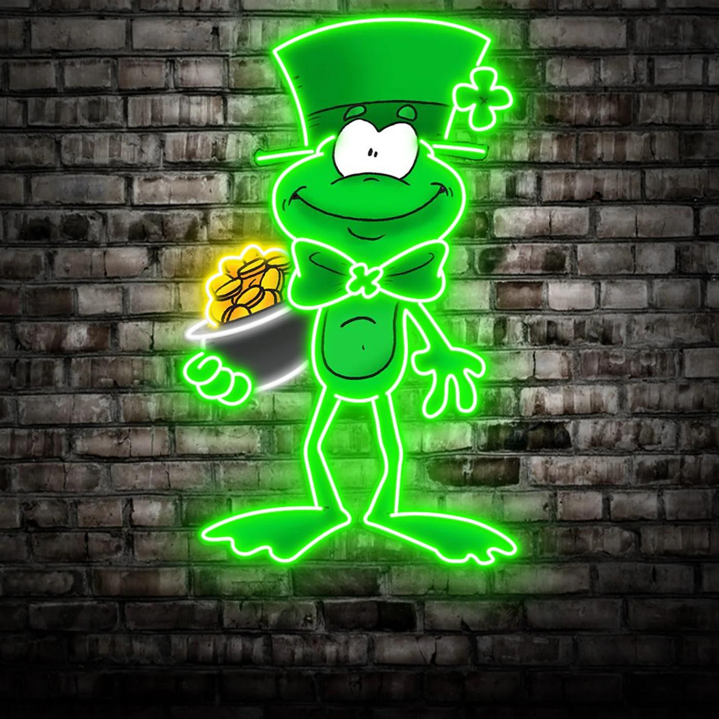 Patrick's Day hält Geld in der Hand und trägt einen Hut mit Neon-Acryl-Kunstwerk