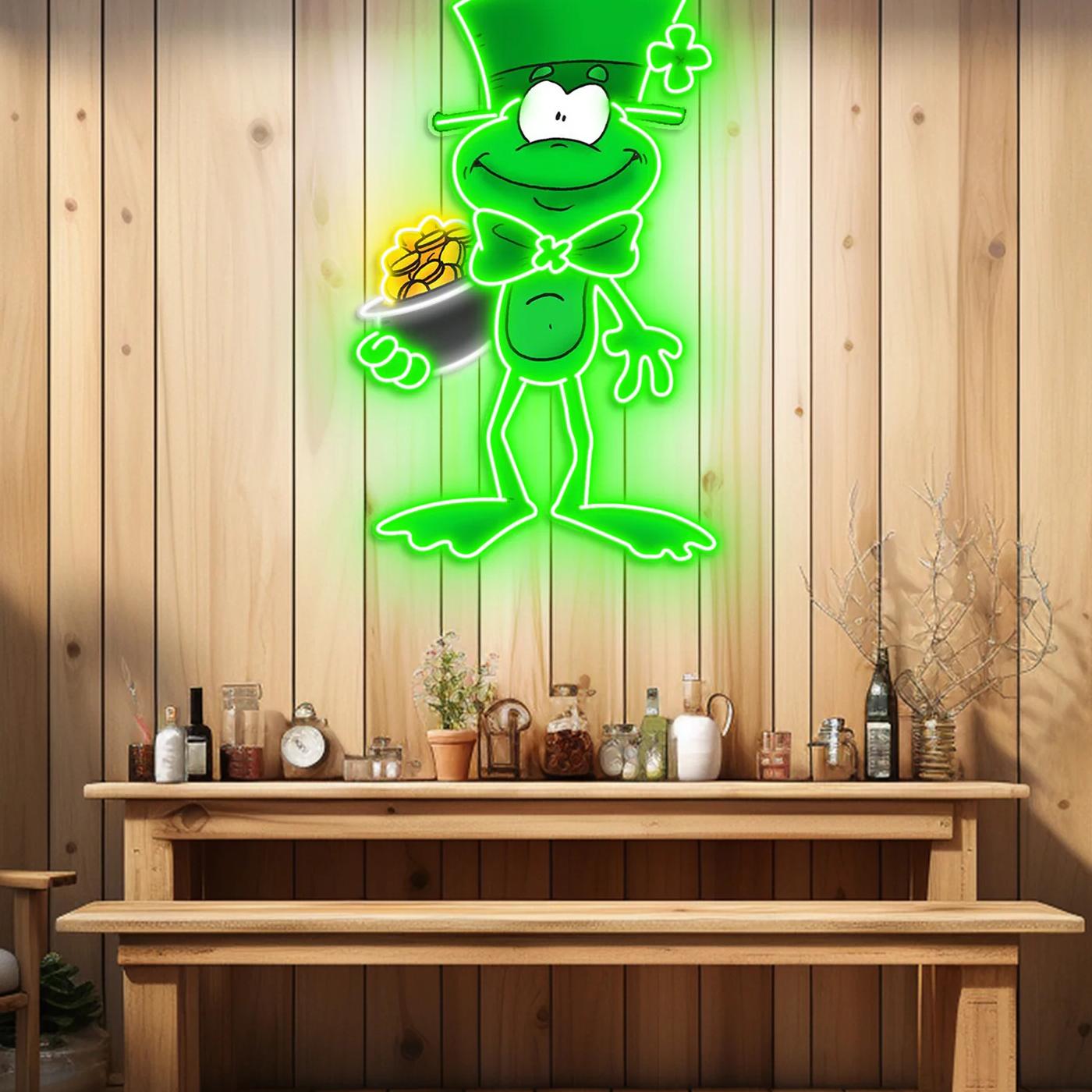 Patrick's Day hält Geld in der Hand und trägt einen Hut mit Neon-Acryl-Kunstwerk