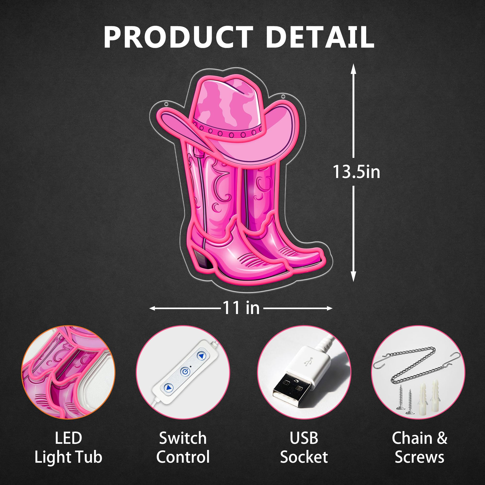Pinke Cowboy-Stiefel & Hut Neonlampe – Trendige LED-Wanddekoration