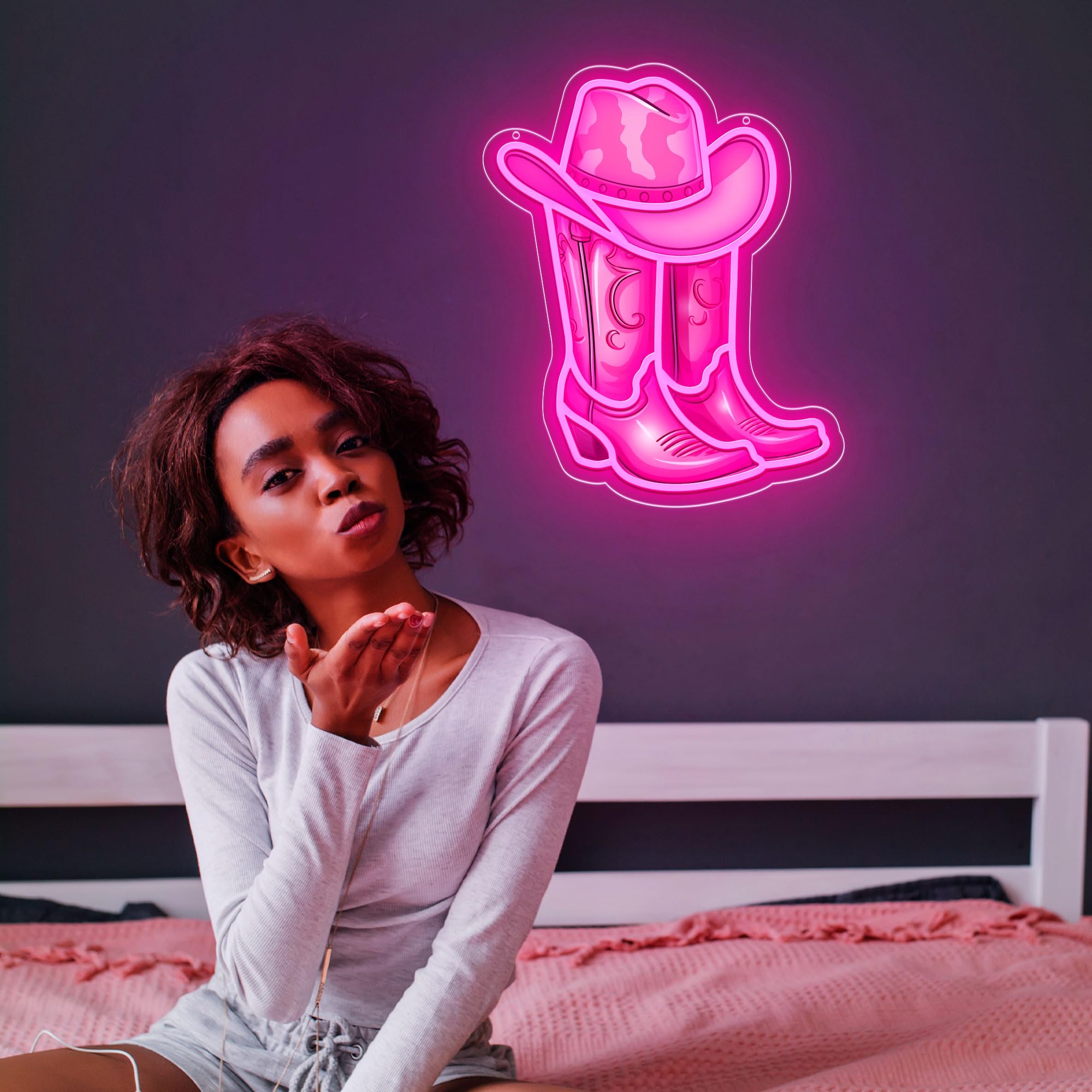Pinke Cowboy-Stiefel & Hut Neonlampe – Trendige LED-Wanddekoration