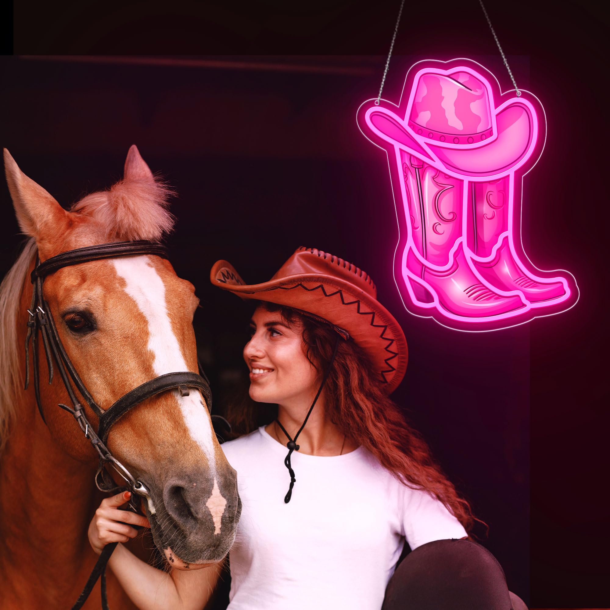 Pinke Cowboy-Stiefel & Hut Neonlampe – Trendige LED-Wanddekoration