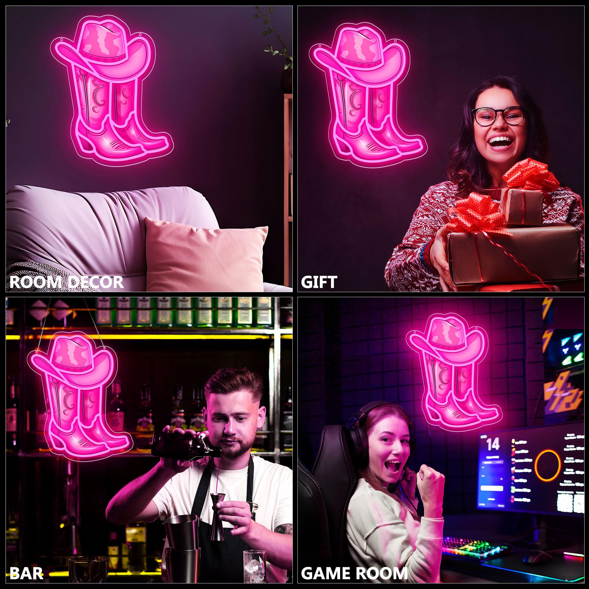 Pinke Cowboy-Stiefel & Hut Neonlampe – Trendige LED-Wanddekoration