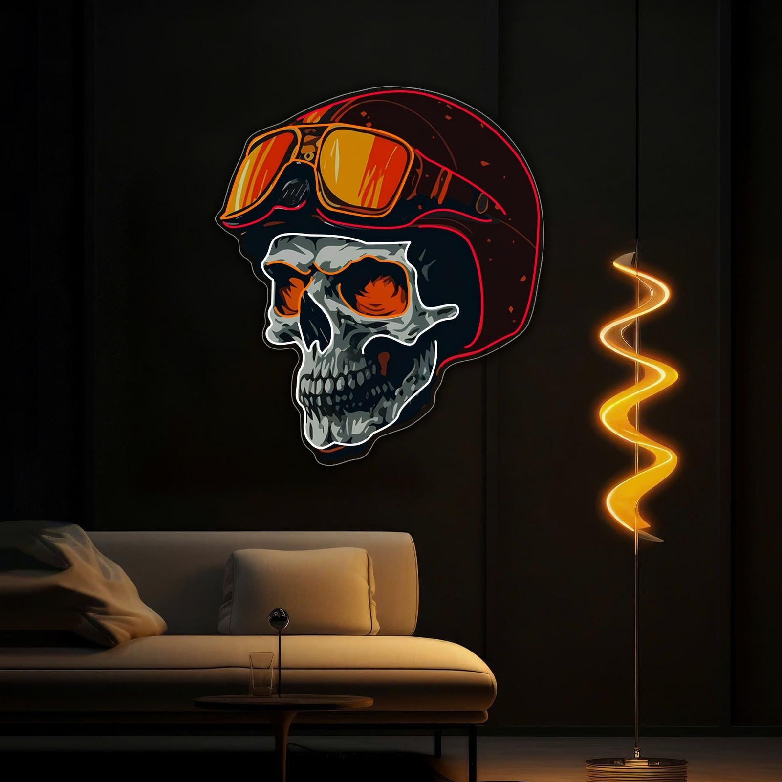 Radiant Revenant: Leuchtreklame mit Totenkopf und Helm