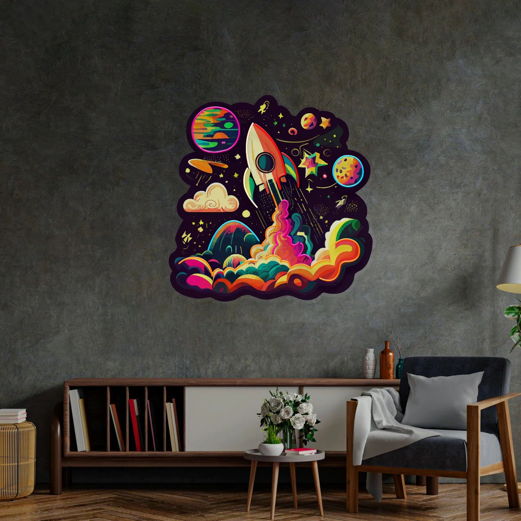 Rakete startet in die Galaxy LED Leuchtreklame Pop Art