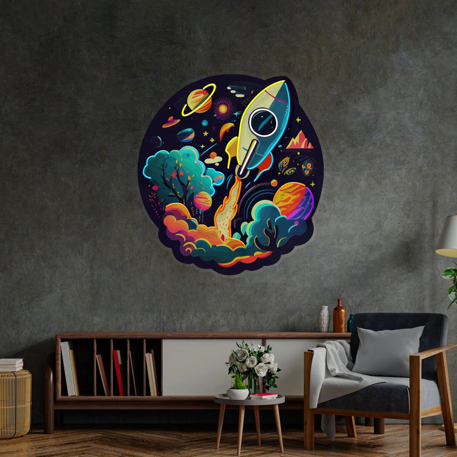 Rocket Launching Universe LED Leuchtreklame Licht Pop Art