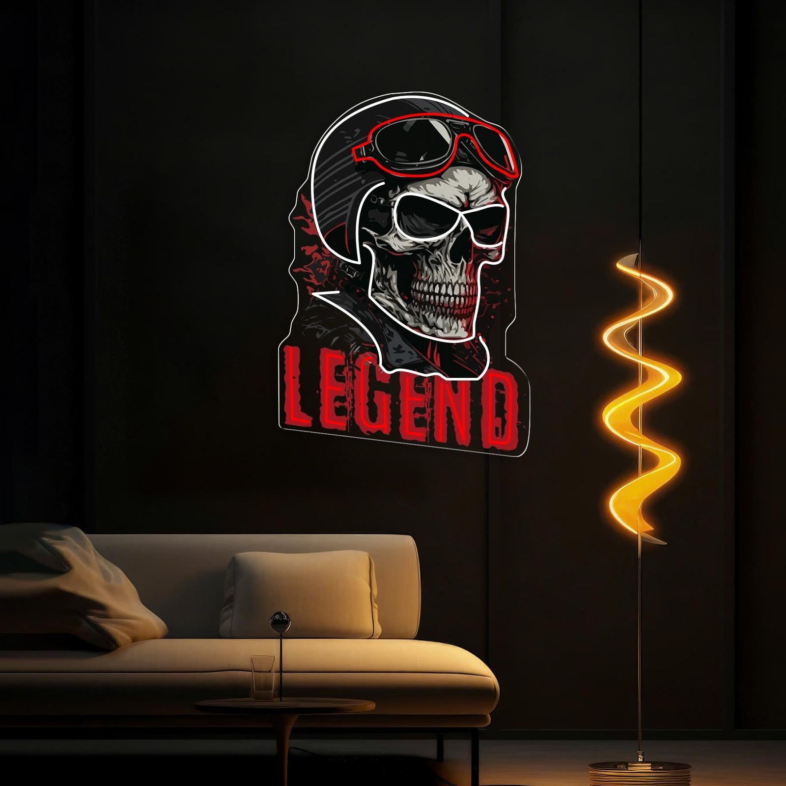 Rogue Rider: Neon-Leuchtreklame mit Totenkopf und Helm