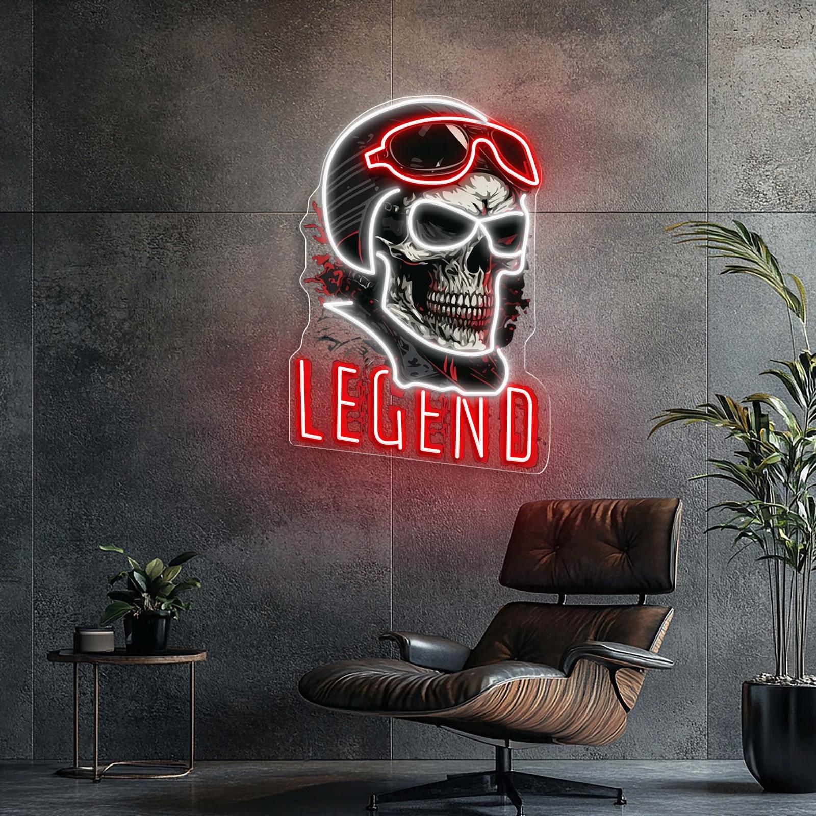 Rogue Rider: Neon-Leuchtreklame mit Totenkopf und Helm