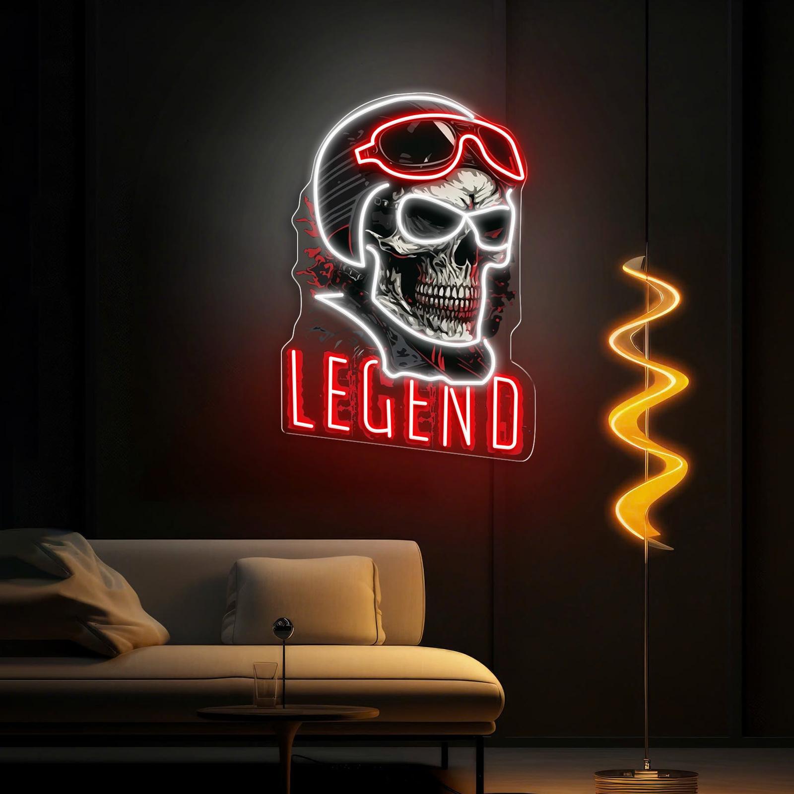 Rogue Rider: Neon-Leuchtreklame mit Totenkopf und Helm