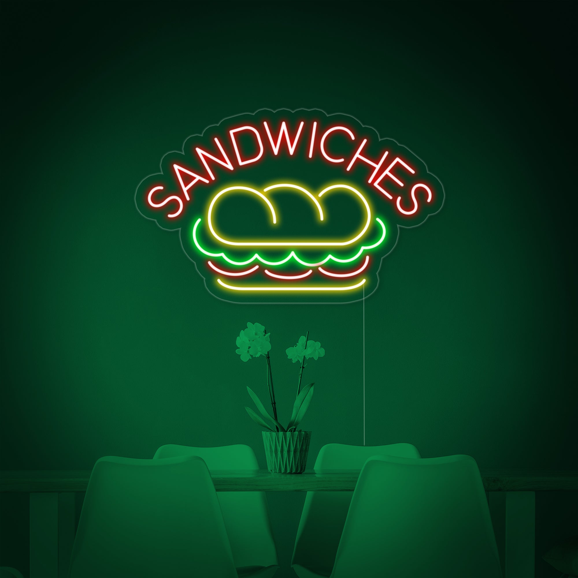 "SANDWICHES, Essen" Neonschrift