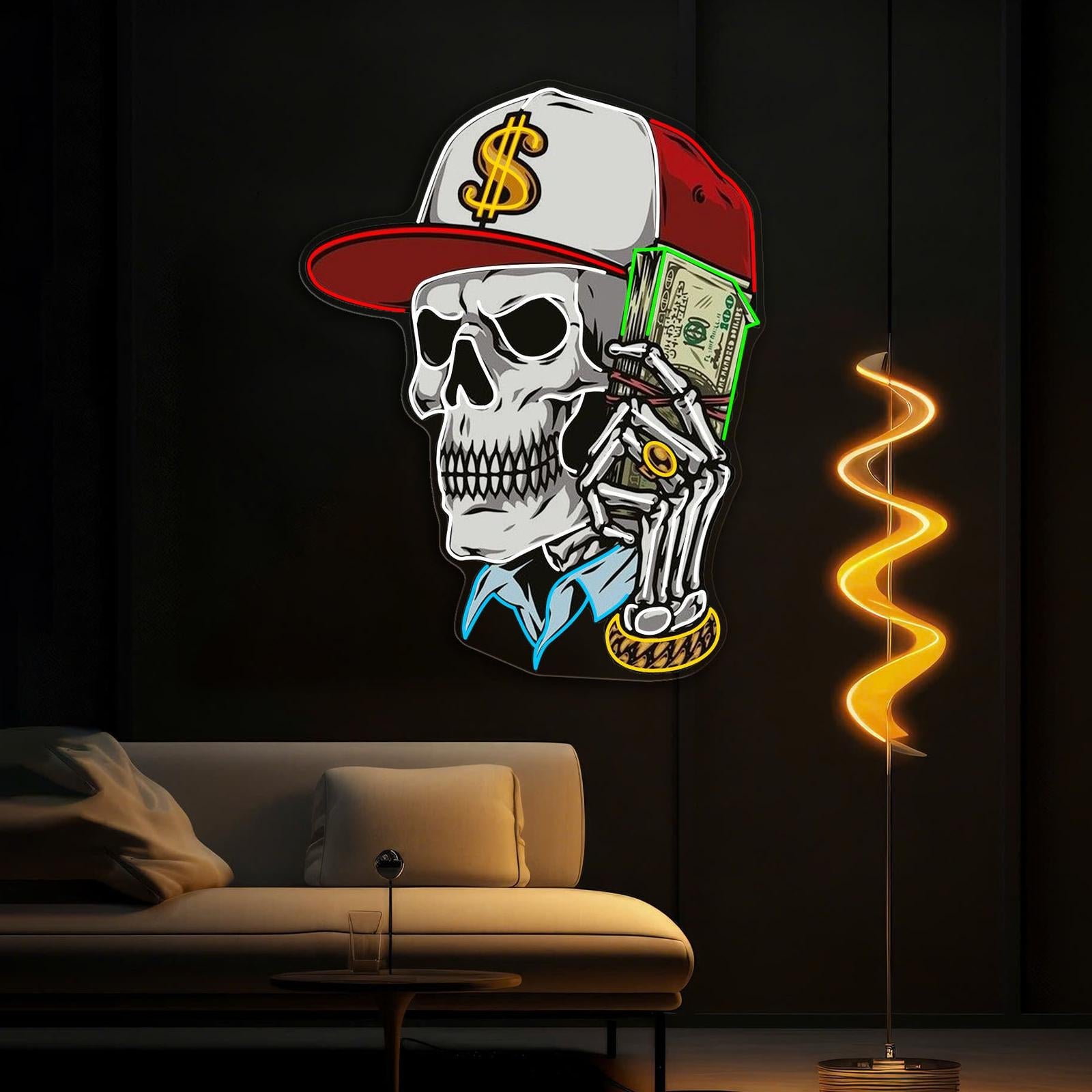 Schädel- und Dollartraum-Neonkunstwerk