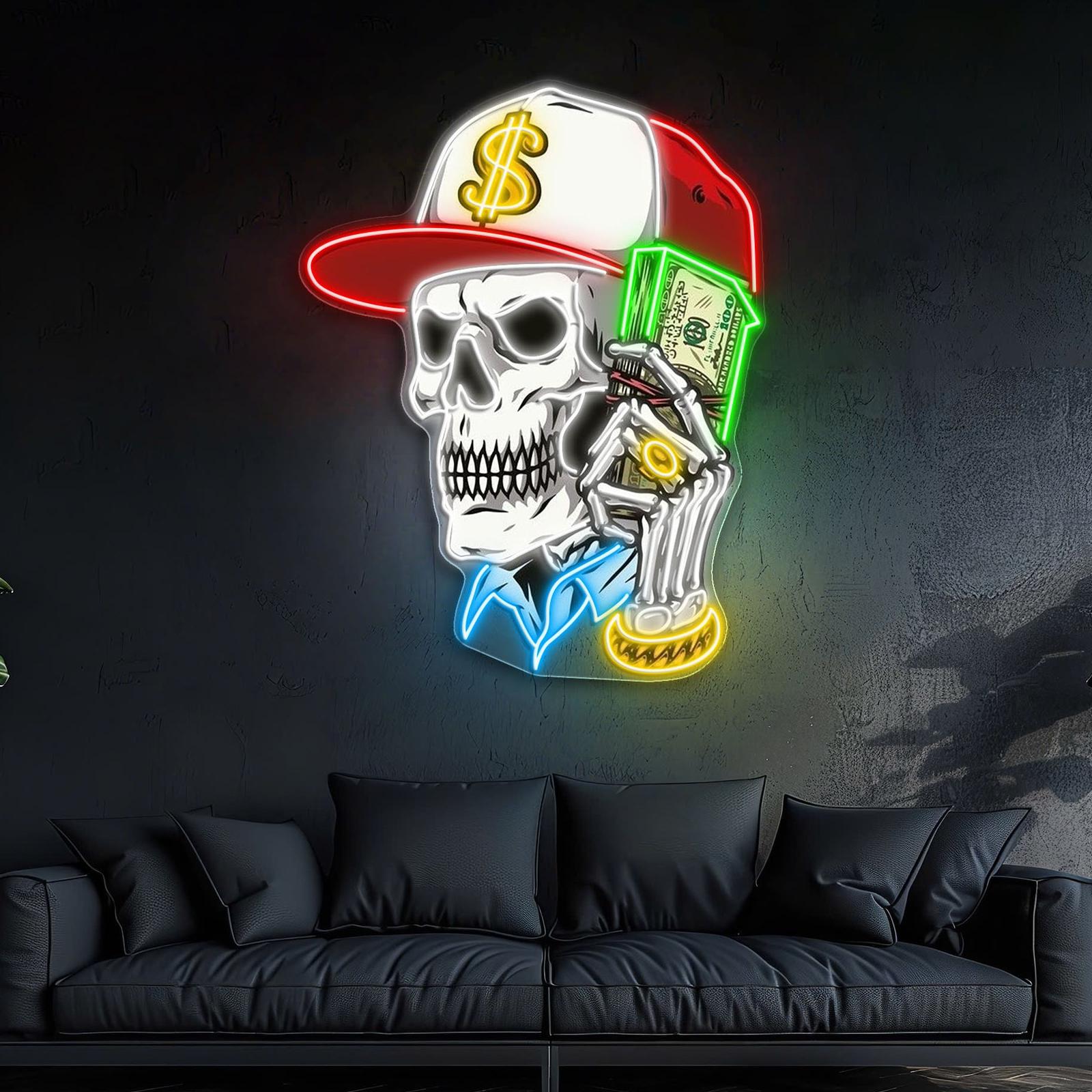 Schädel- und Dollartraum-Neonkunstwerk