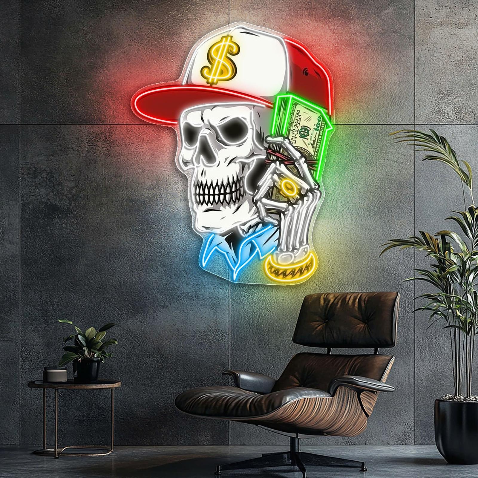 Schädel- und Dollartraum-Neonkunstwerk