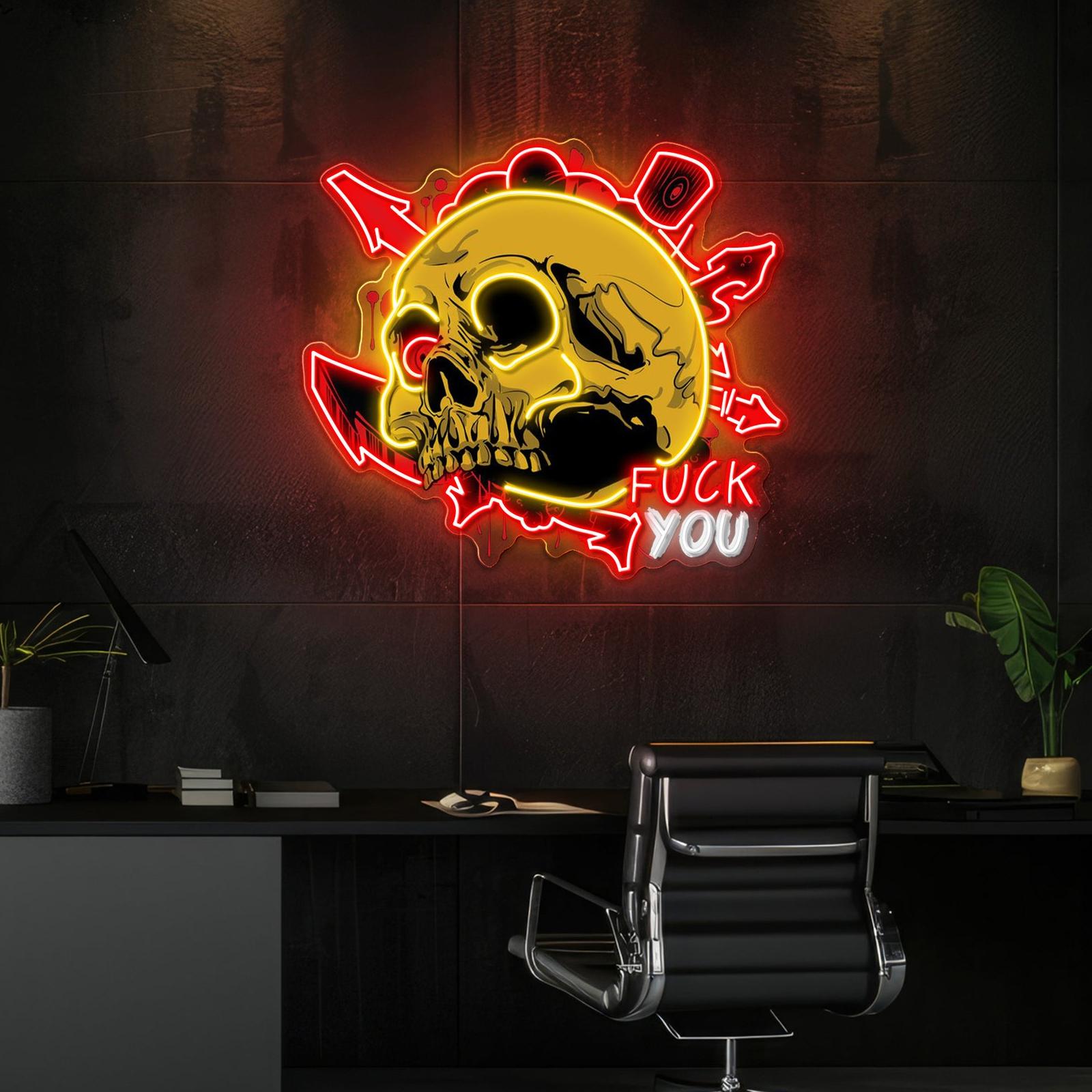Schmutziger Totenkopf und Graffiti Neon Kunstwerk
