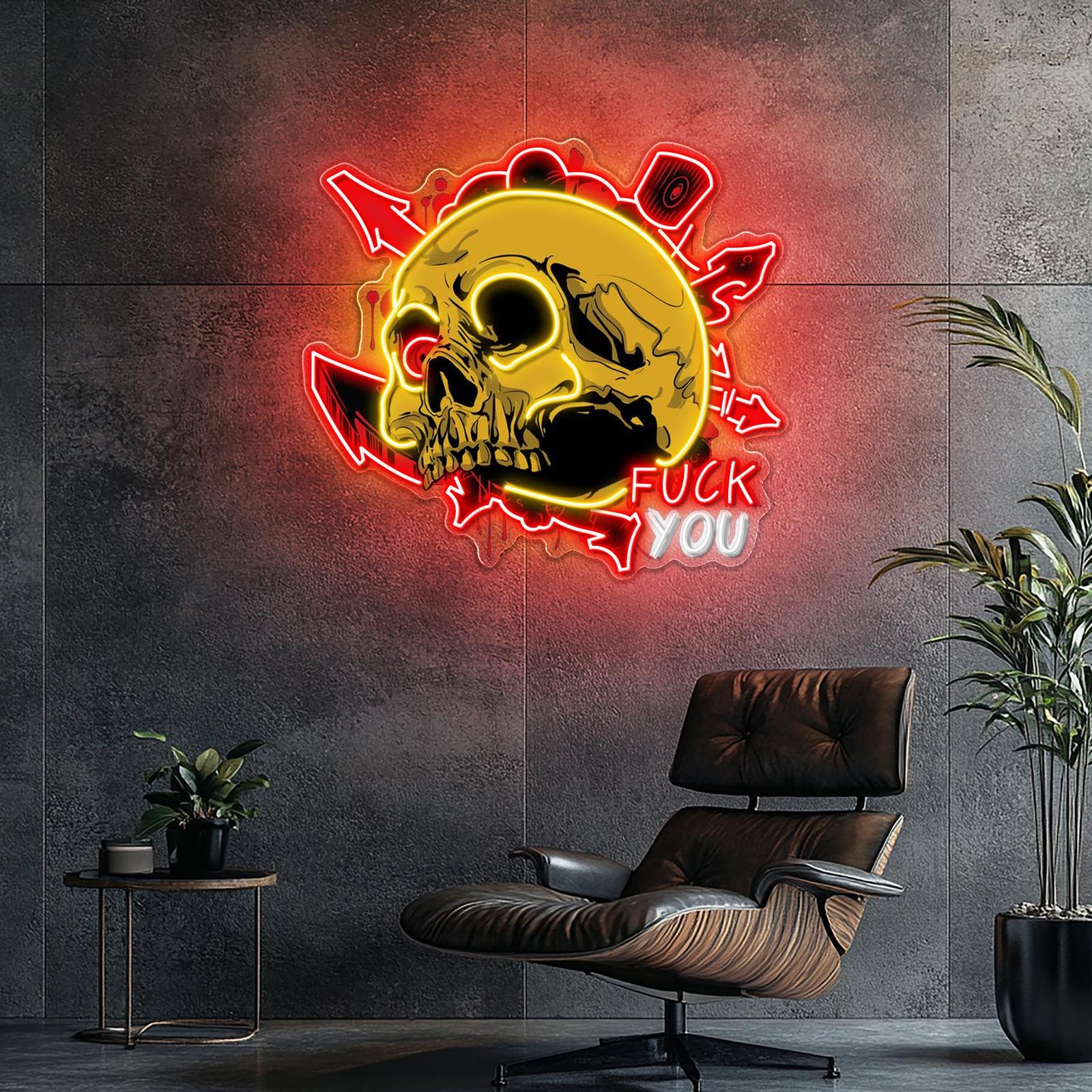 Schmutziger Totenkopf und Graffiti Neon Kunstwerk