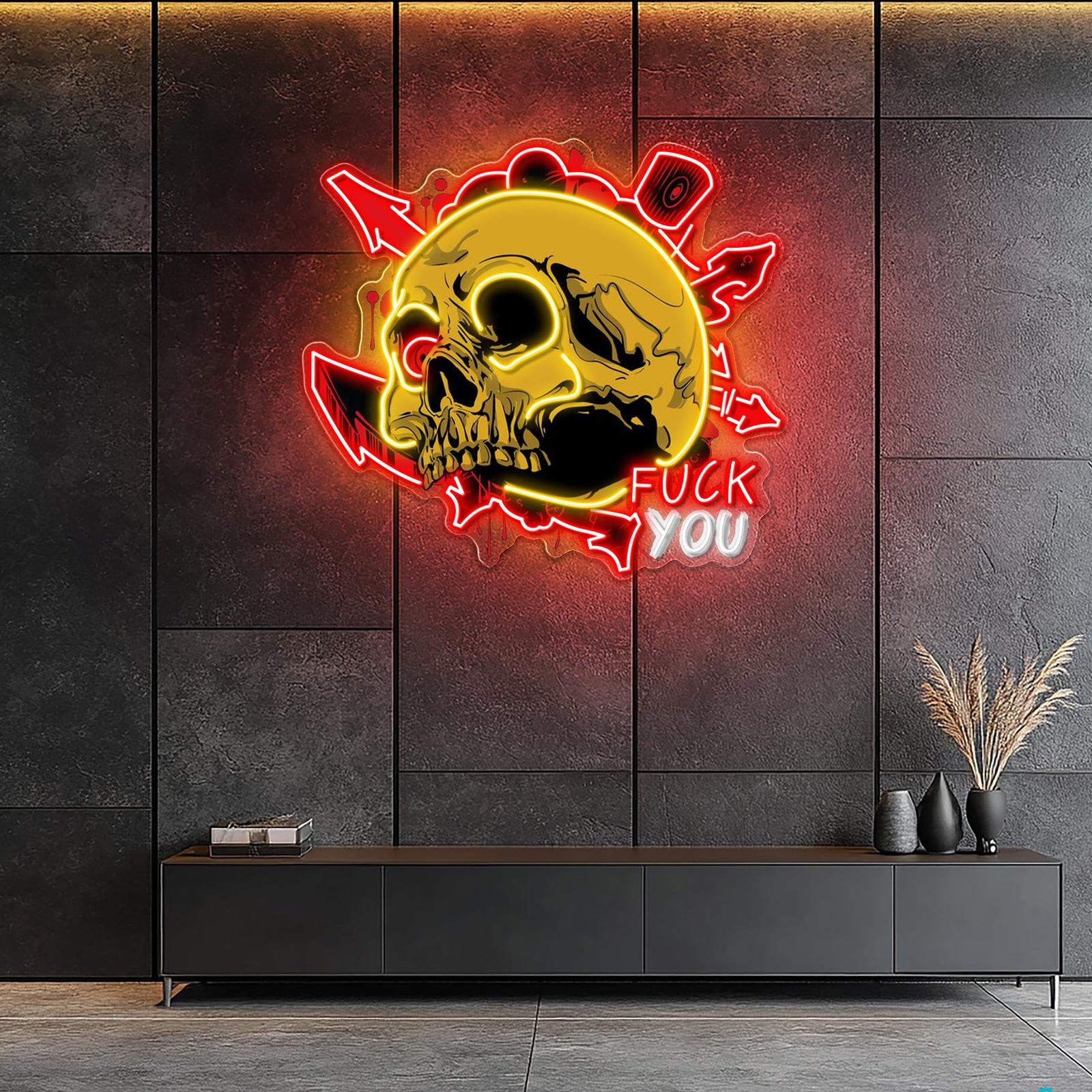 Schmutziger Totenkopf und Graffiti Neon Kunstwerk