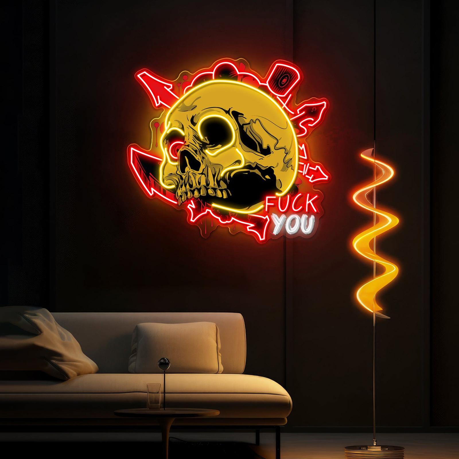Schmutziger Totenkopf und Graffiti Neon Kunstwerk