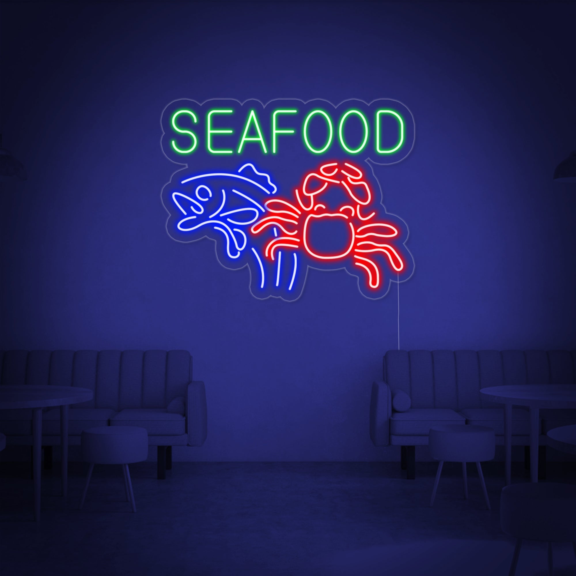 "Seafood, Krabbe, Fisch" Neonschrift