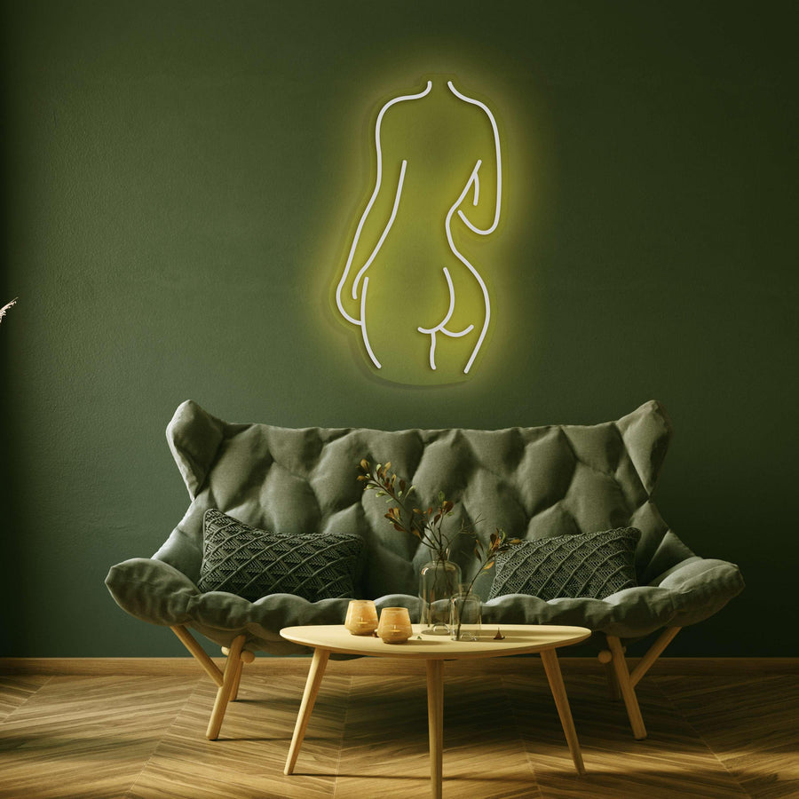 Silhouette Neonlicht des weiblichen Rückens – Elegante Neonkunst für moderne Räume