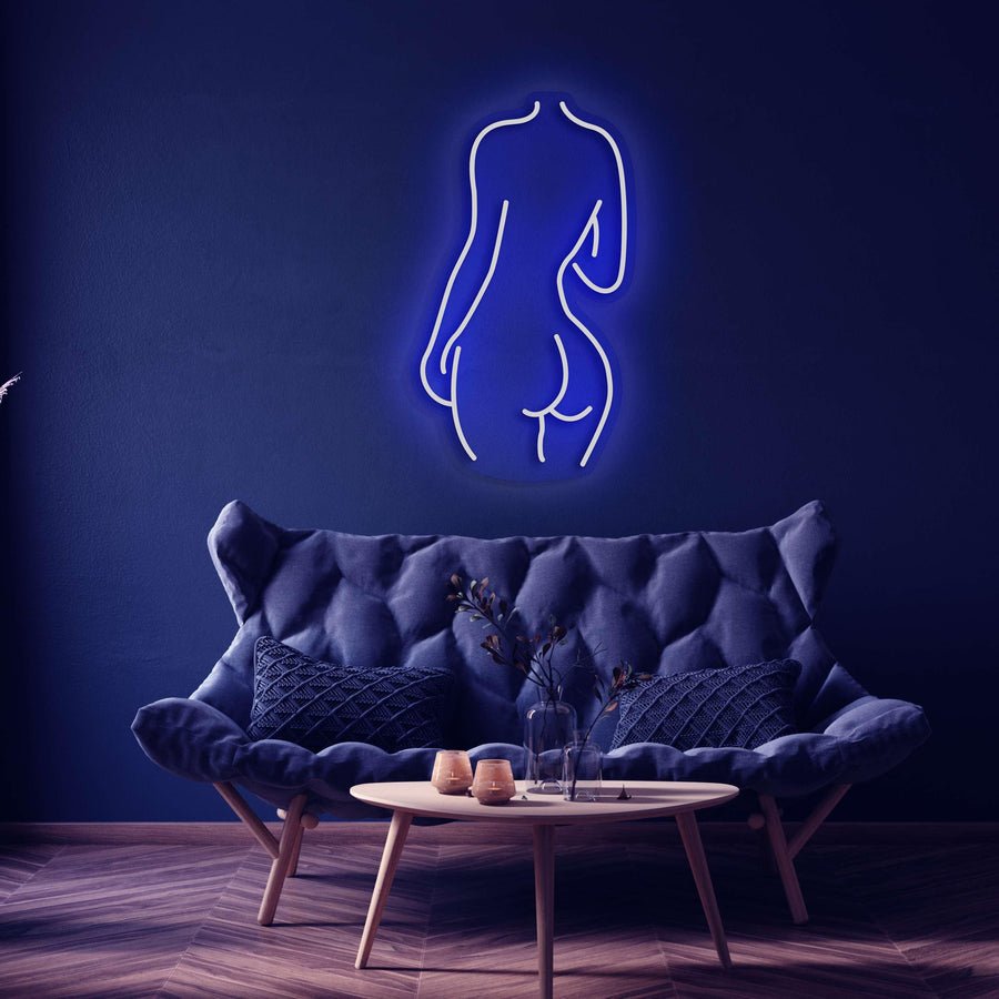 Silhouette Neonlicht des weiblichen Rückens – Elegante Neonkunst für moderne Räume