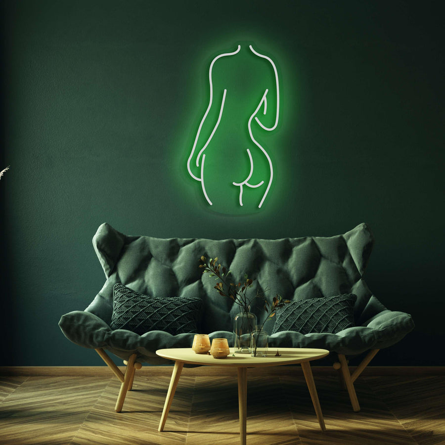 Silhouette Neonlicht des weiblichen Rückens – Elegante Neonkunst für moderne Räume