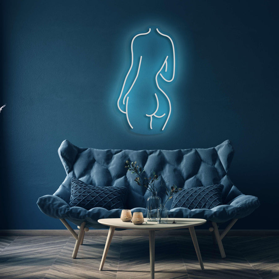 Silhouette Neonlicht des weiblichen Rückens – Elegante Neonkunst für moderne Räume