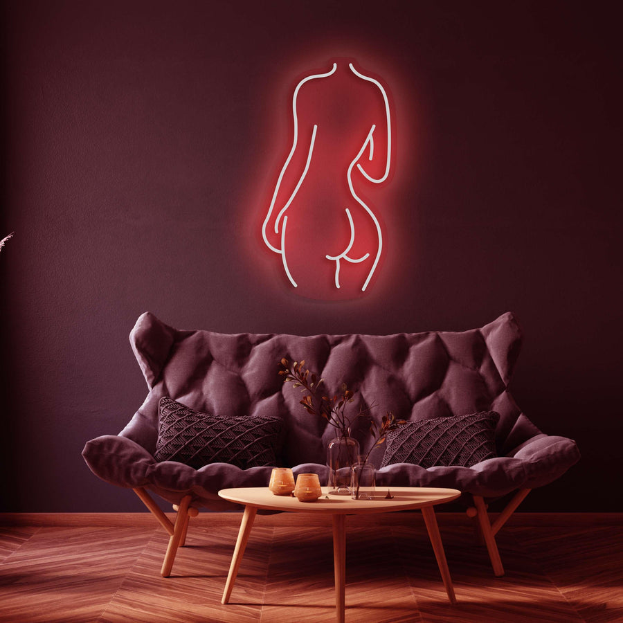 Silhouette Neonlicht des weiblichen Rückens – Elegante Neonkunst für moderne Räume