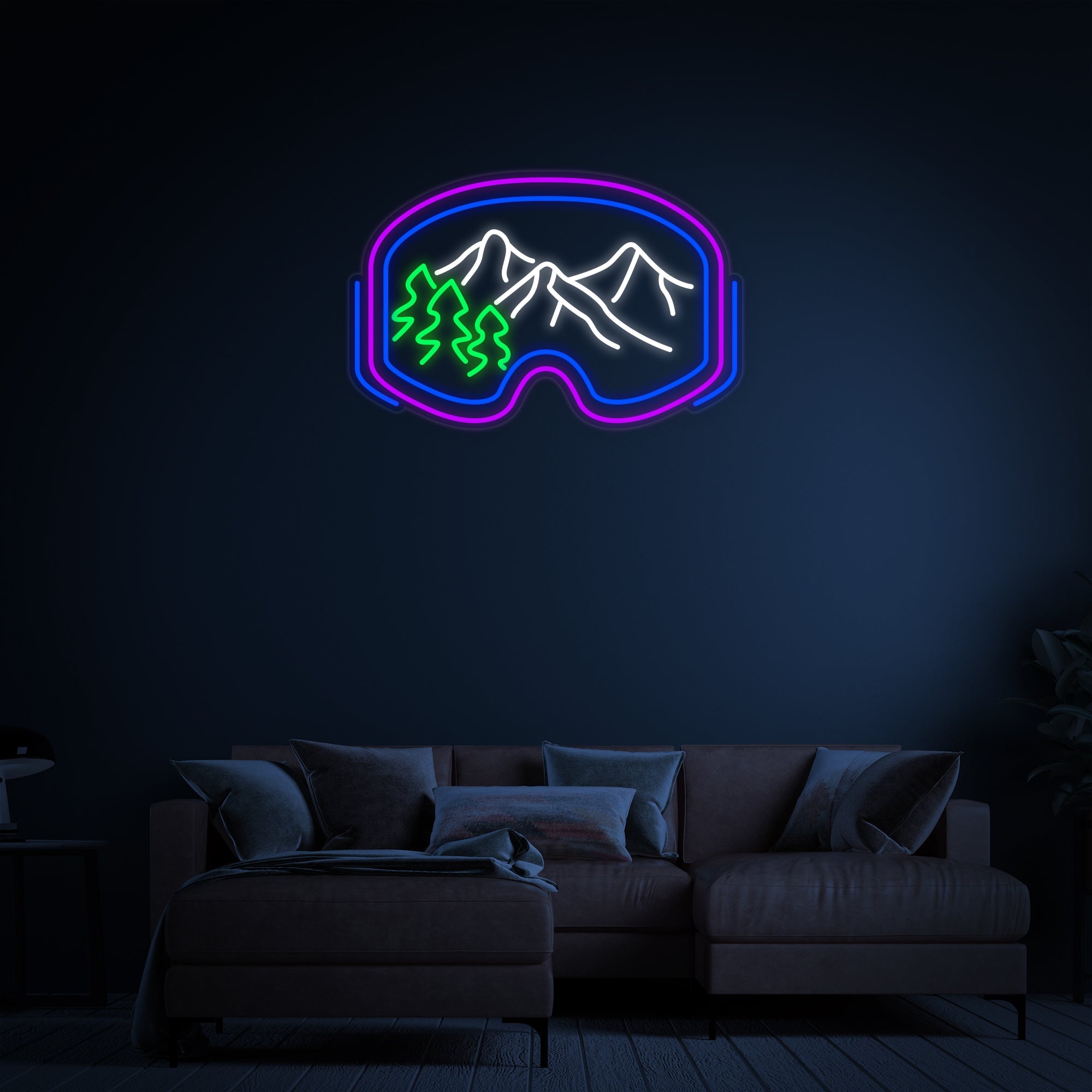 "Skibrille Skifahren" Neonschrift, Skibrille Leuchtreklame, Skifahrer Leuchtschild