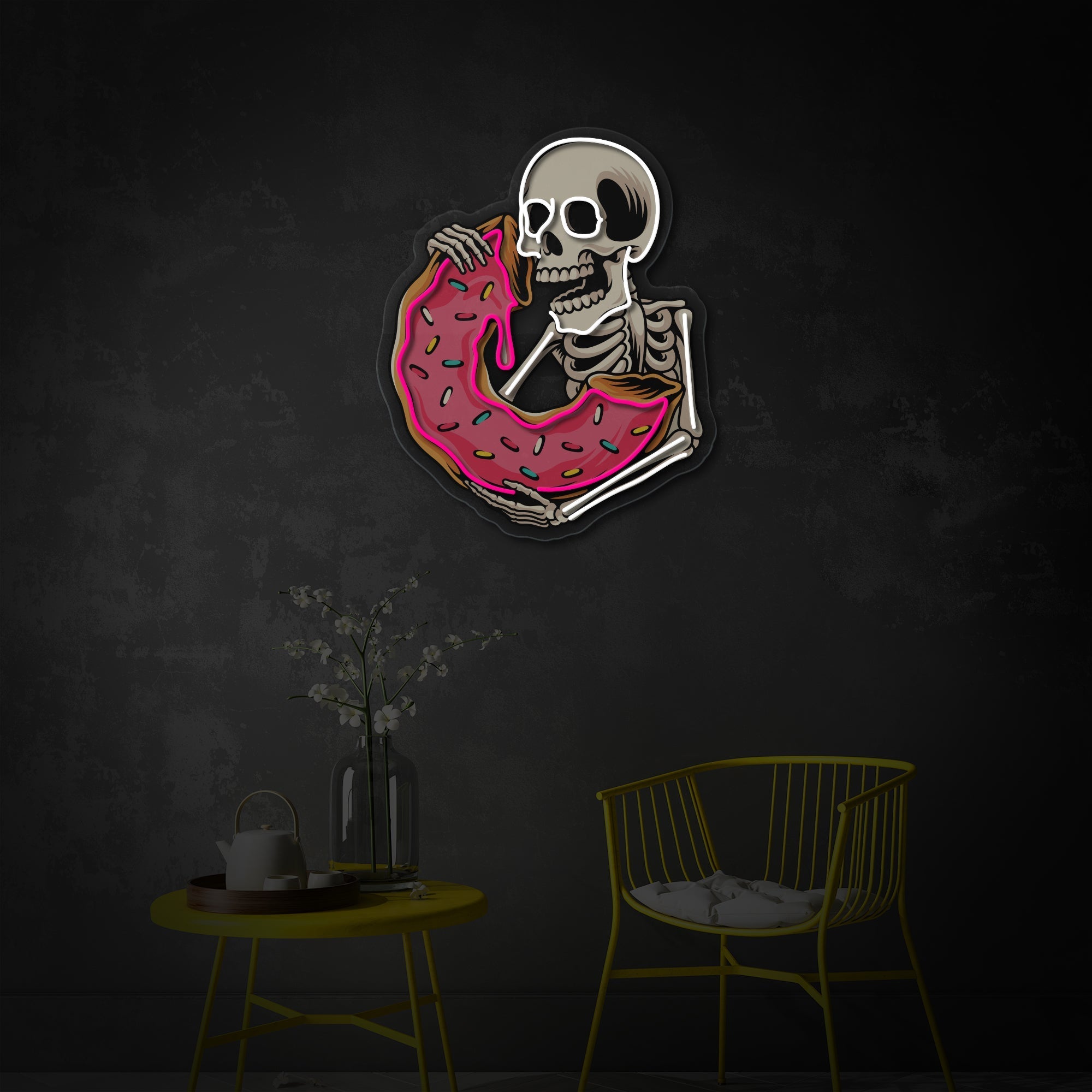"Schädel isst köstlicher Donut" UV-bedruckt LED-Neonschild