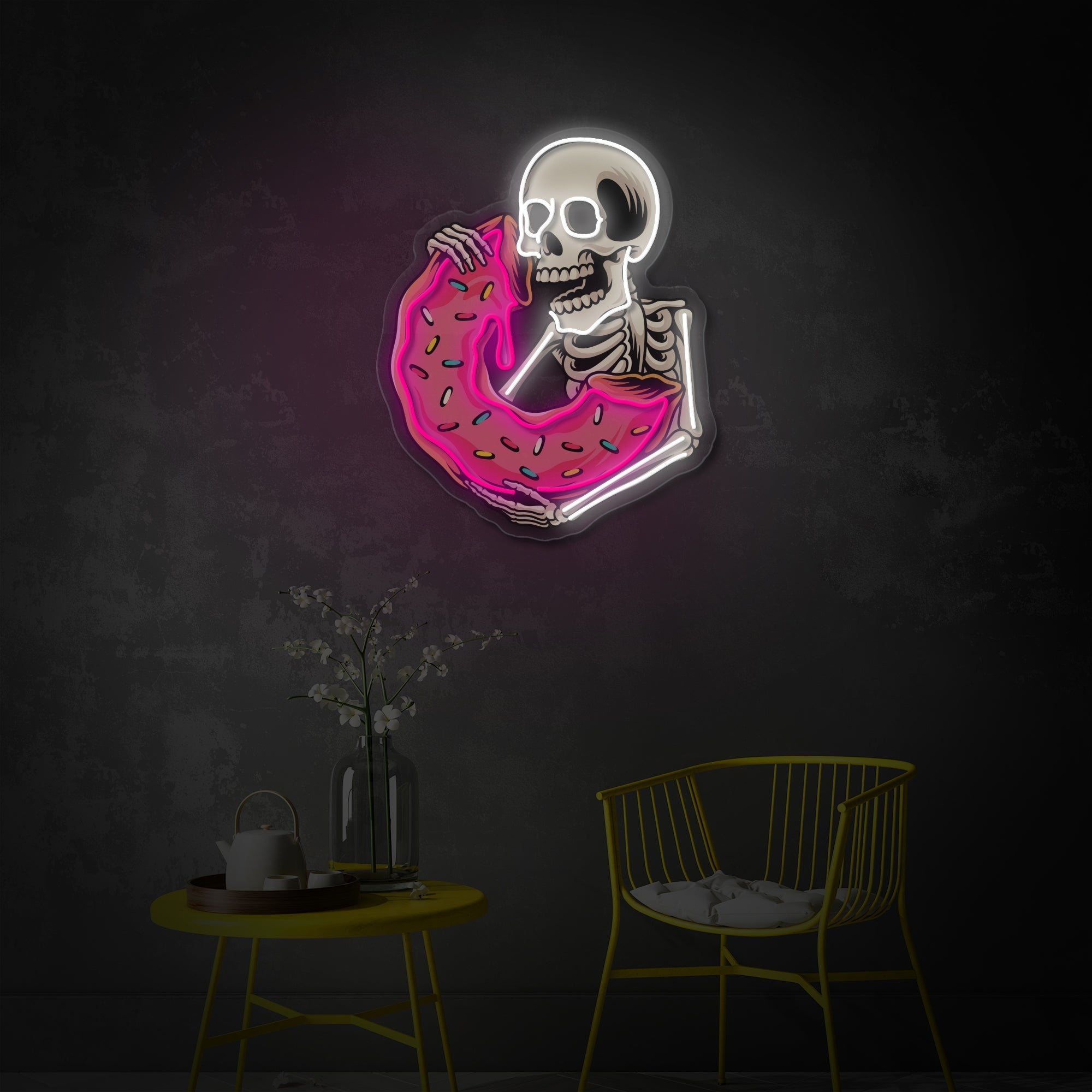 "Schädel isst köstlicher Donut" UV-bedruckt LED-Neonschild