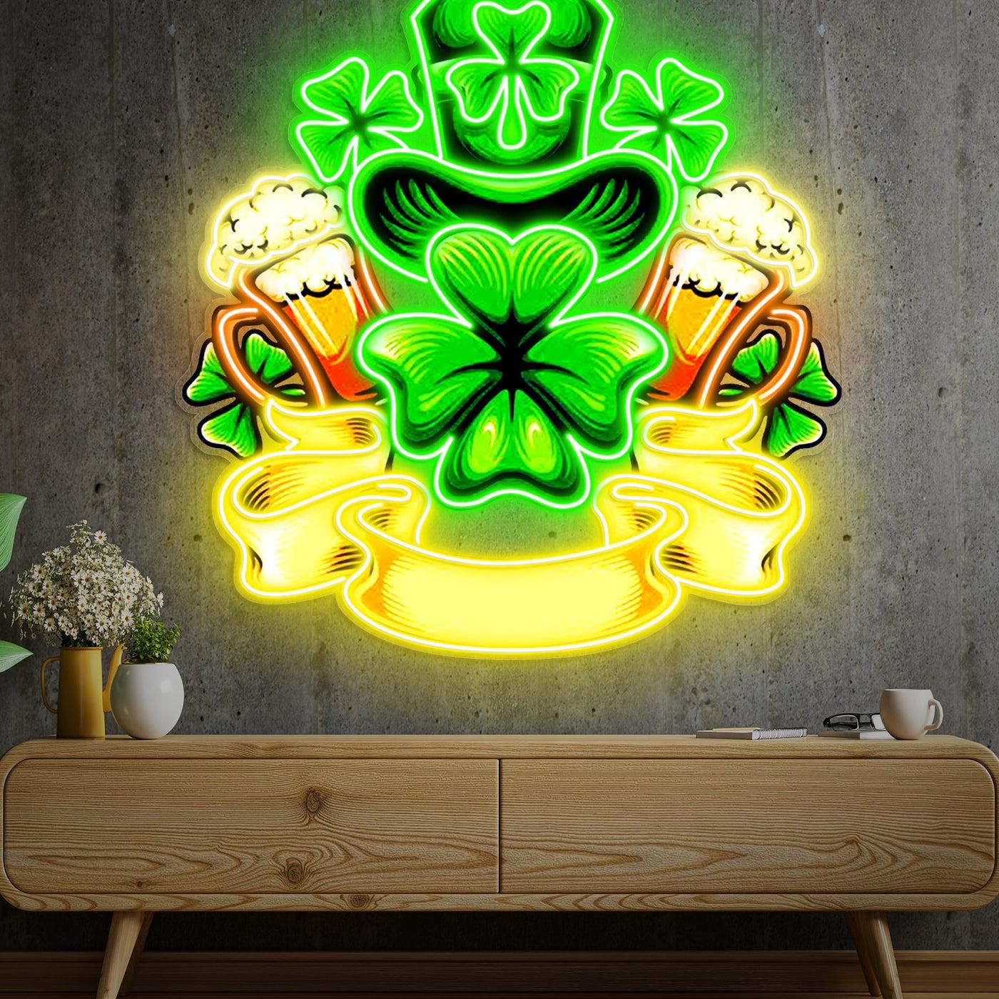 St. Patrick's Day Hut, Bier und Glückskleeblatt LED Neon Acryl Kunstwerk