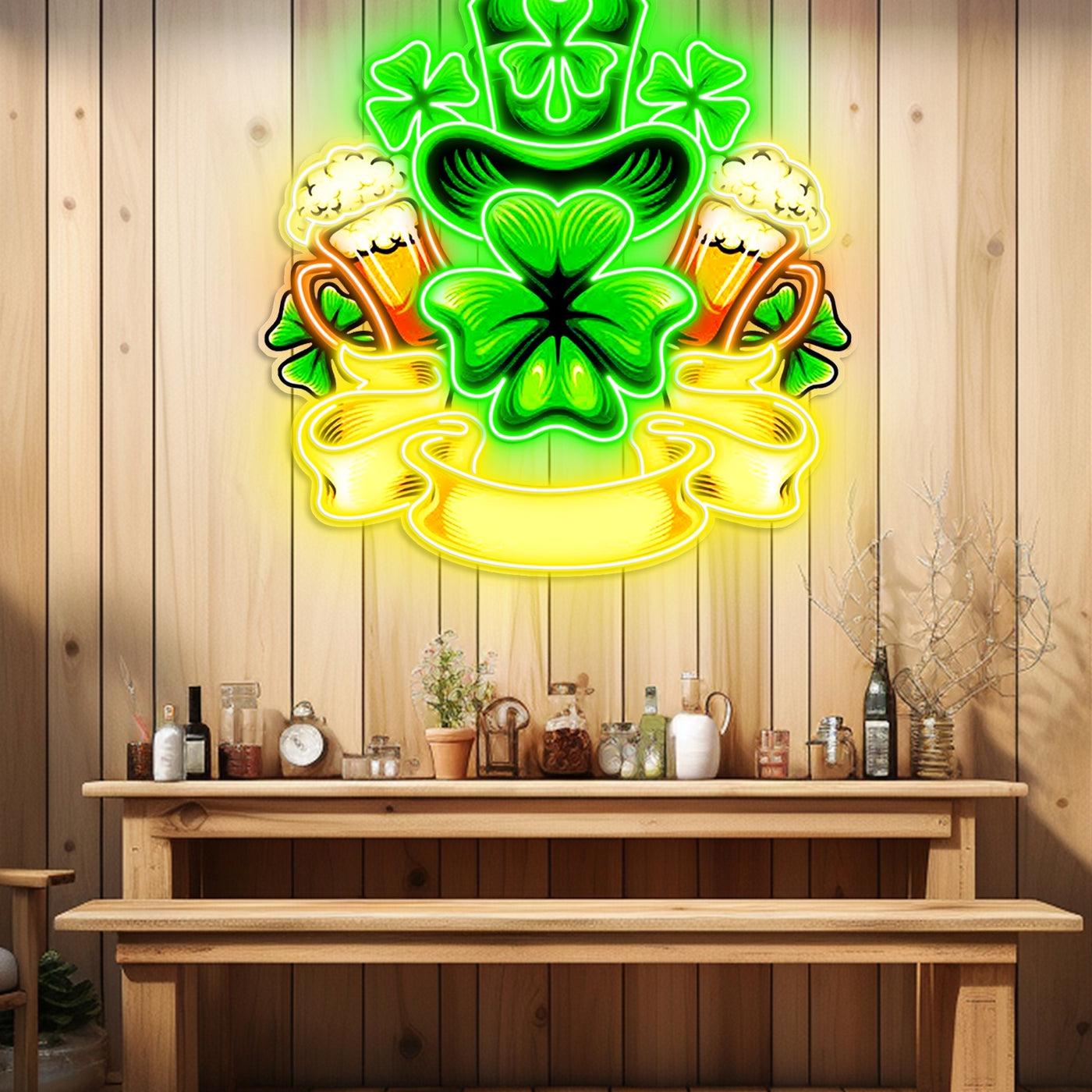 St. Patrick's Day Hut, Bier und Glückskleeblatt LED Neon Acryl Kunstwerk