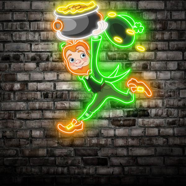 St. Patrick's Day Kobold mit Money Valley Run LED Neon Acryl Kunstwerk