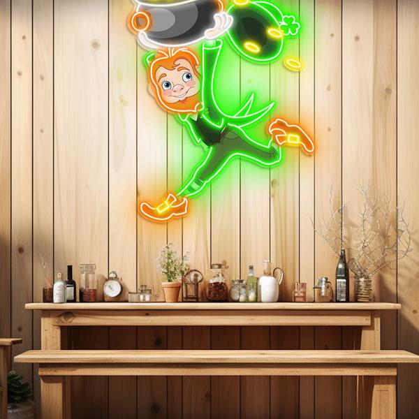 St. Patrick's Day Kobold mit Money Valley Run LED Neon Acryl Kunstwerk