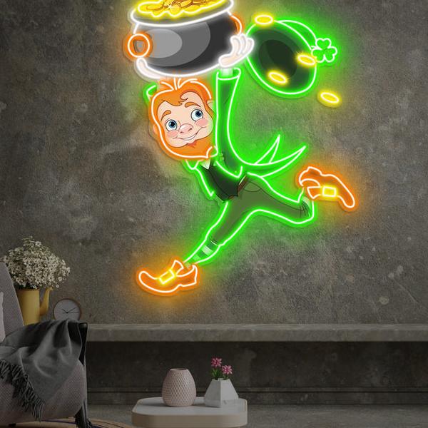 St. Patrick's Day Kobold mit Money Valley Run LED Neon Acryl Kunstwerk