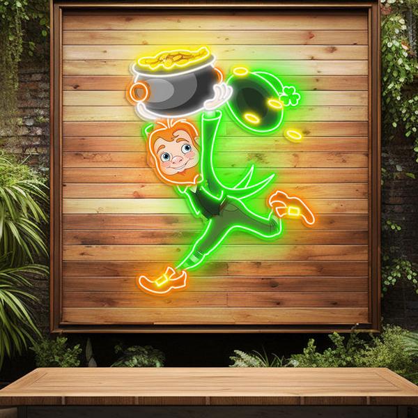 St. Patrick's Day Kobold mit Money Valley Run LED Neon Acryl Kunstwerk
