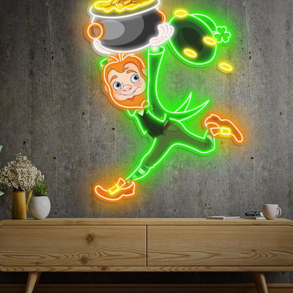 St. Patrick's Day Kobold mit Money Valley Run LED Neon Acryl Kunstwerk