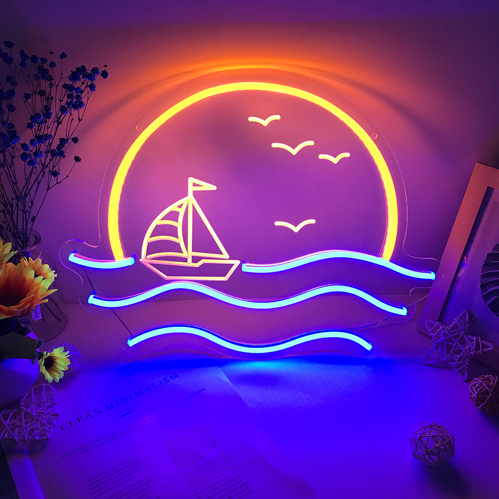 "Sonnenaufgang Sonnenuntergang, Meereswelle" Mini Neonschrift